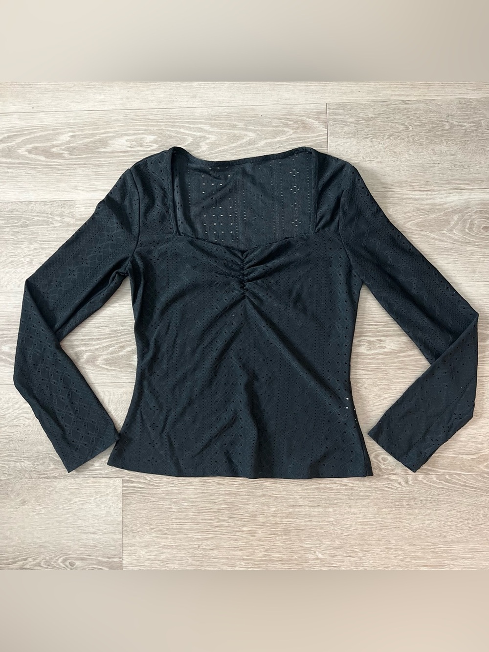 Black Long-Sleeve Eyelet Ruched Square-Neck Top